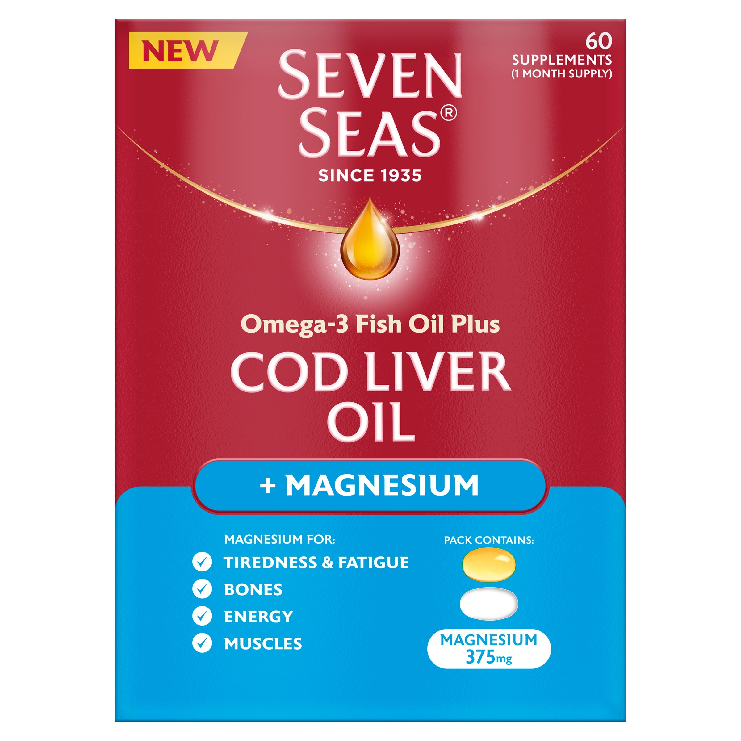 Seven Seas Omega-3 Fish Oil Plus Cod Liver Oil + Magnesium 60 Supplements