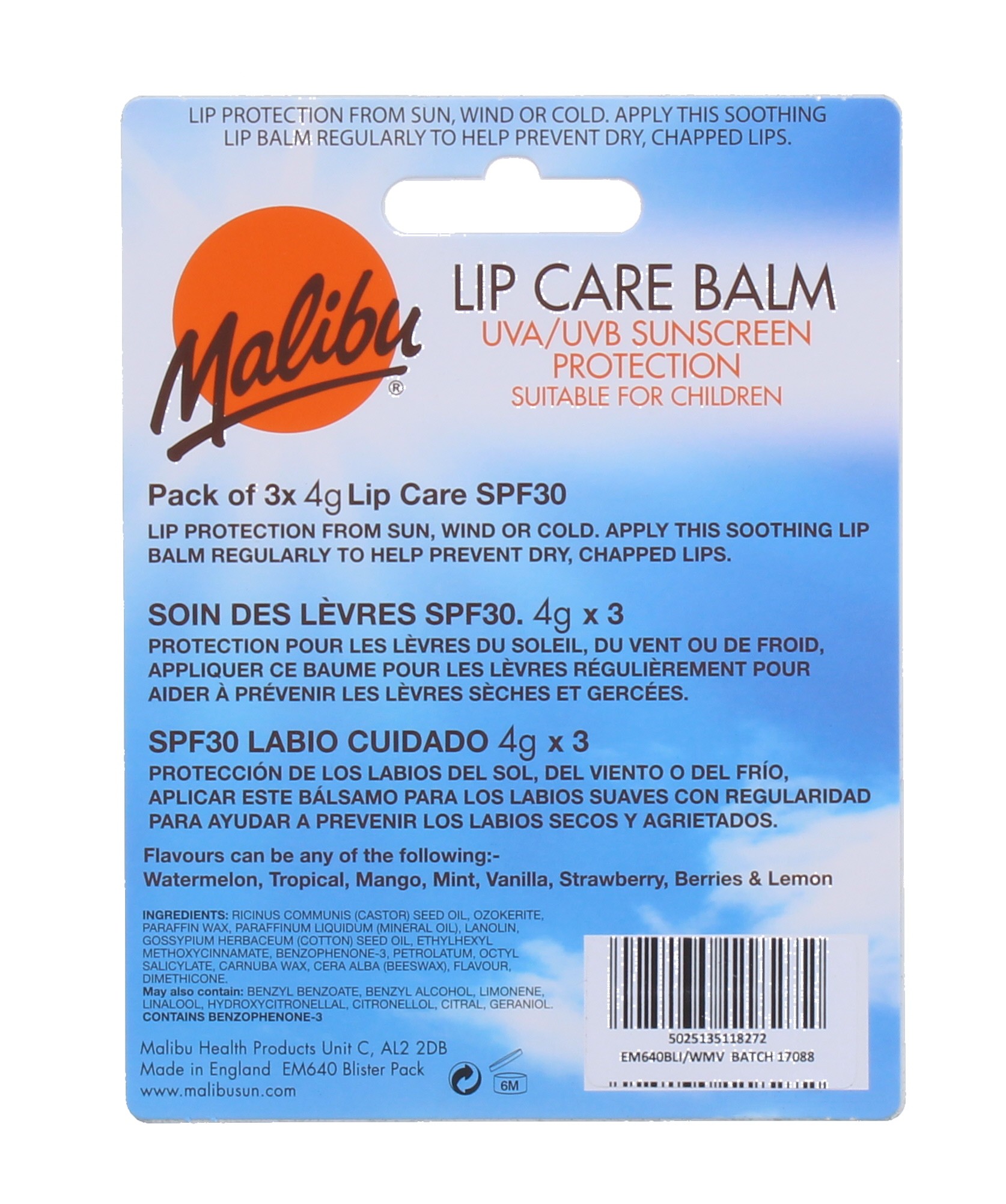 Malibu 3 Pack Spf 30 Lip Balm Assorted Flavours (Watermelon/Mint/Vanilla)